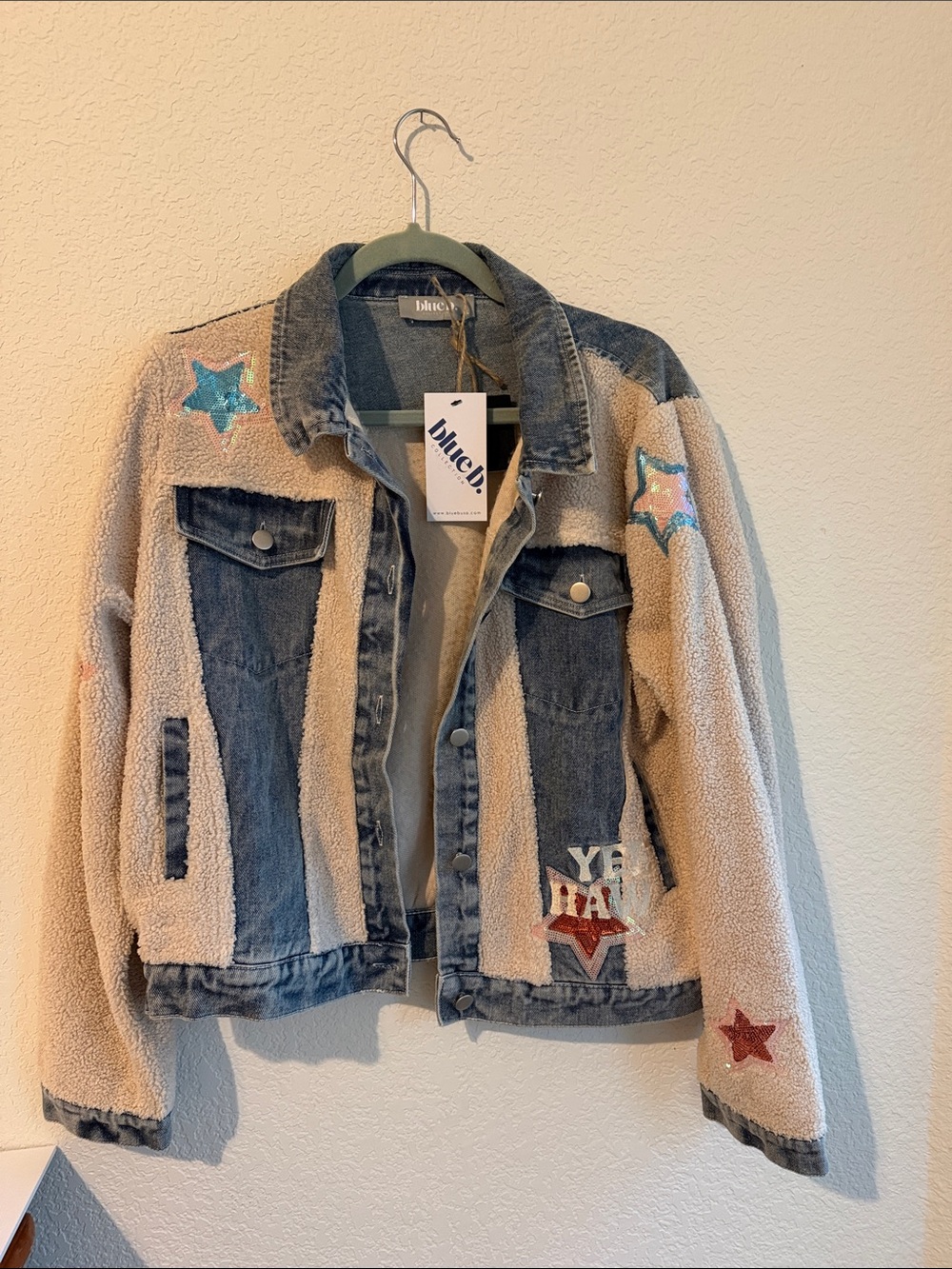 Blue B Denim & Sherpa Jacket Women’s Star Sequin Embellished Western Trucker